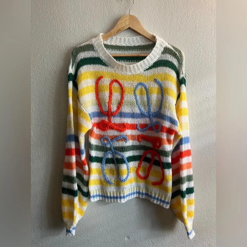 Striped Multicolor Women’s Sweater with Embroidered Yarn Detail - Picture 1 of 2